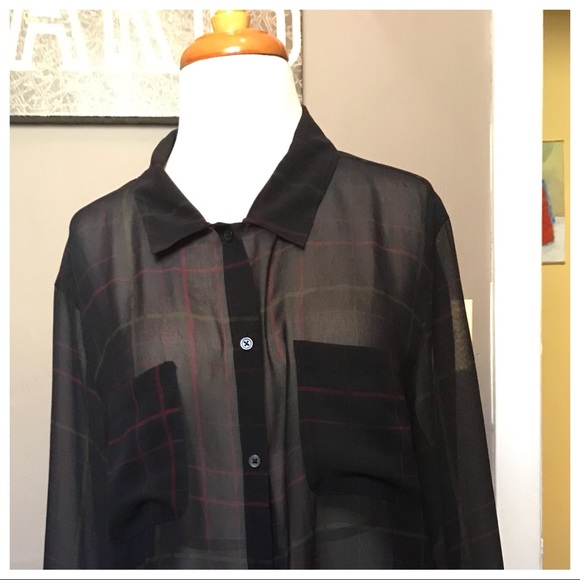 LOFT Tops - Loft black sheer plaid blouse Size XL